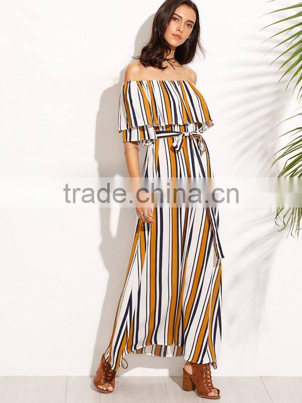 Woman Fashion Striped Off The Shoulder Tie Waist Chiffon Maxi Dress