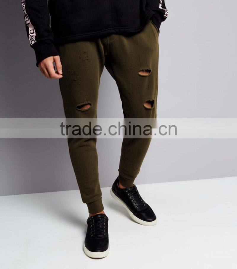 MGOO Fashion Khaki Plain Ripped Mens Joggers Custom Logo Drawstring Waist Cuffed Hem Skinny Fit Joggers With Pocket