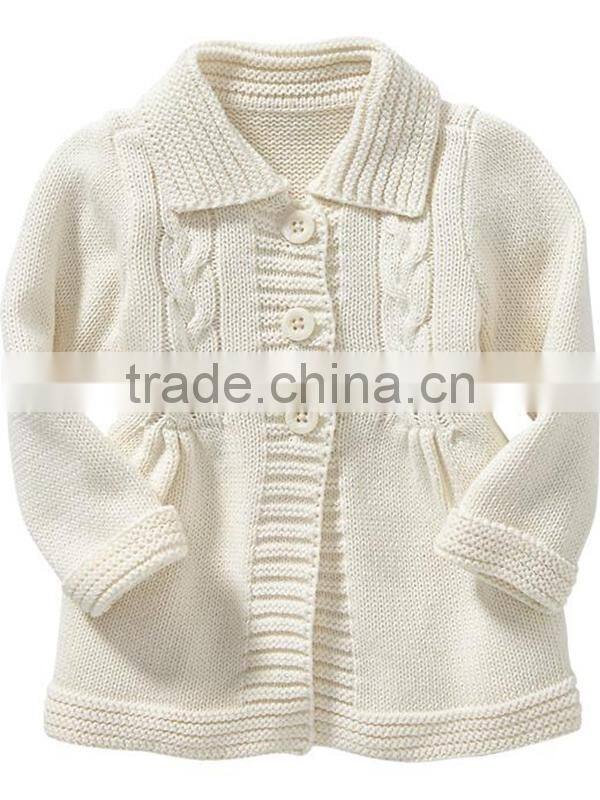 Long Style Baby Cable Sweater Coat Turn-down Collar Girl Knitting Cardigan