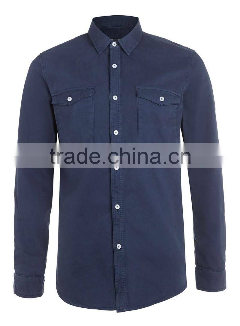 new model Navy blue Double Pocket Twill Long Sleeve Casual Shirt