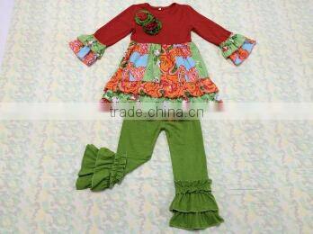 2015 EasterNew Design fashion girl Cotton Outfit With Ruffles Kids Boutique long sleeve green Outfit Baby Clothes Set