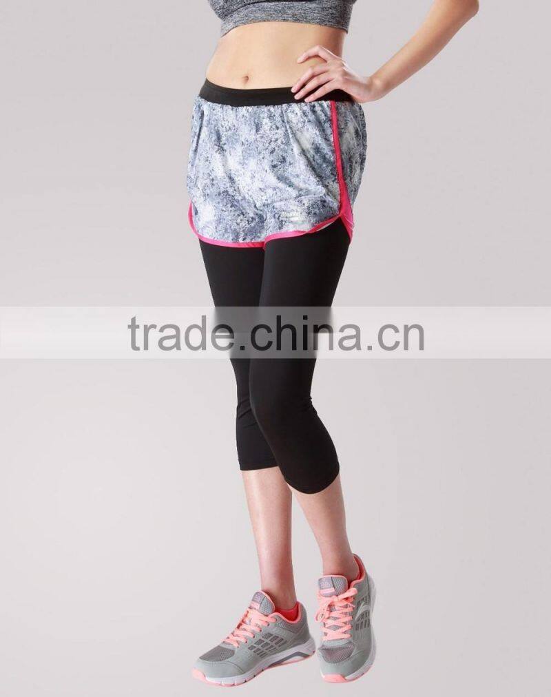 Ladies outdoor wear slim fit fake two-piece 3/4 quick-dry running/yoga sports pants