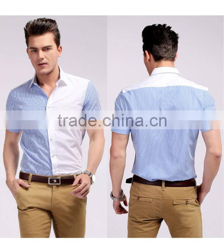 Wholesale cotton short sleeve matched stripe &solid color model man shirt