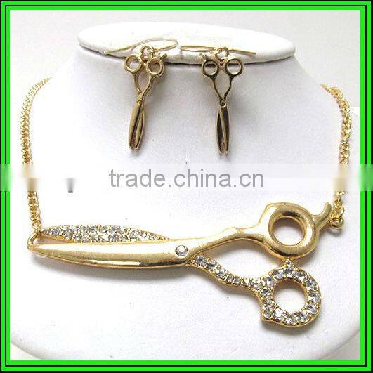 Double layer cameo pendant and scissors and pearl ring dangle necklace earring set