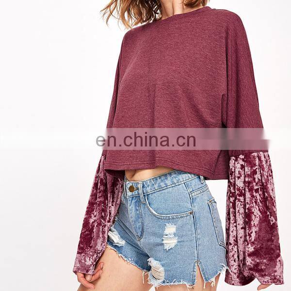 Wholesale crewneck sweatshirt plain sweatshirt custom velvet bell sleeve mixed top