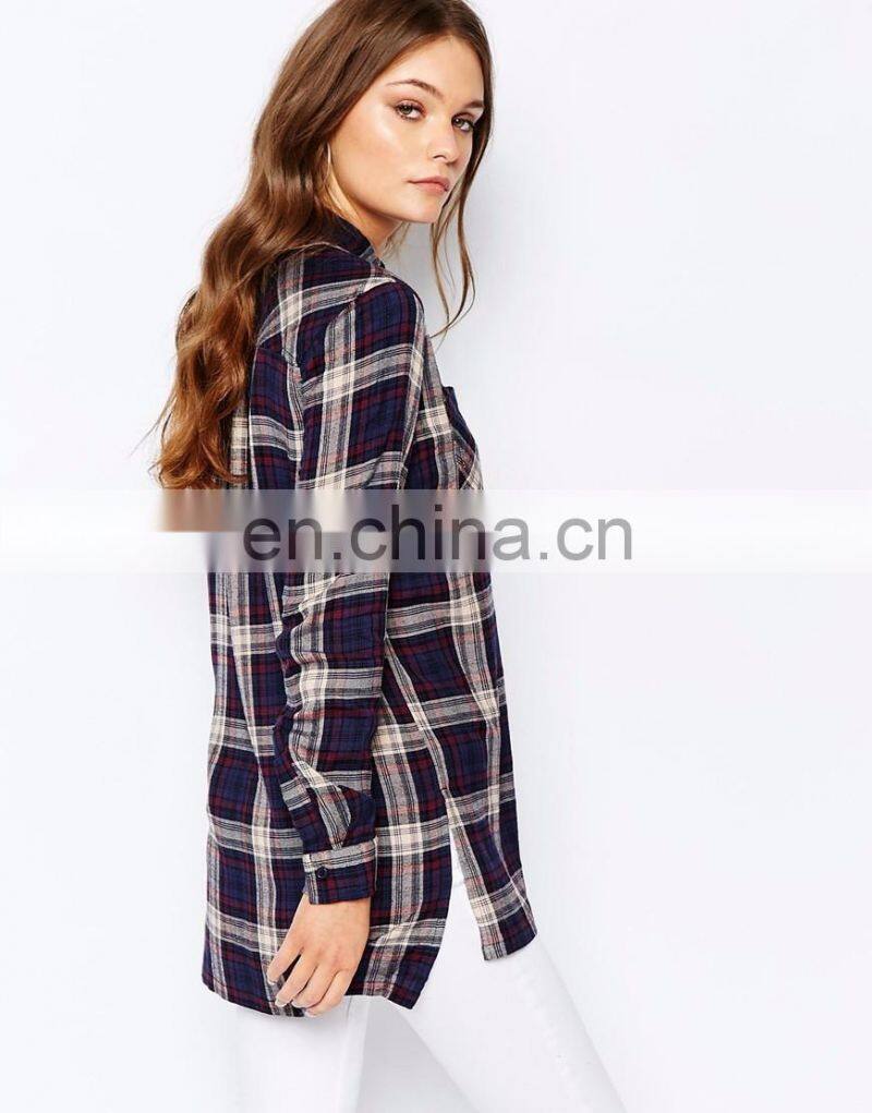 Vintage style 100%cotton woman grid shirt with side split