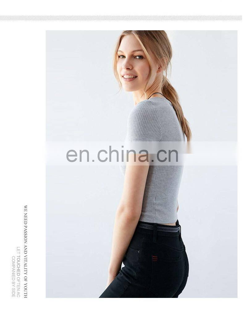 Wholesale Fashion Personalized Plain Color Scoop Neck Zipper Short Women T-shirt