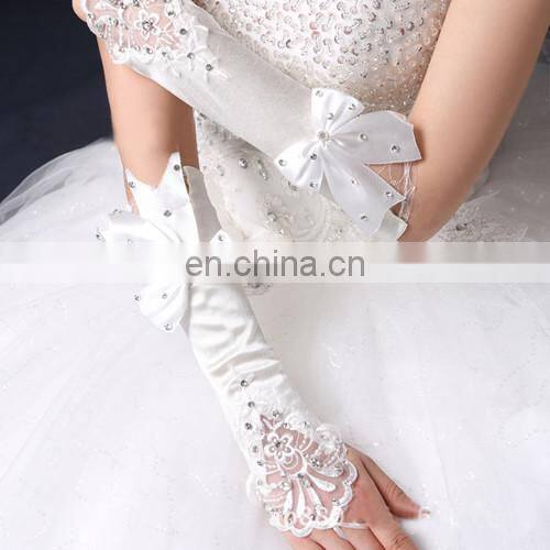 Latest Satin Elbow Length Bridal Glove Pearl Beaded &Rhinestone Big Bows With Lace Fingerless Gloves For Wedding Dress