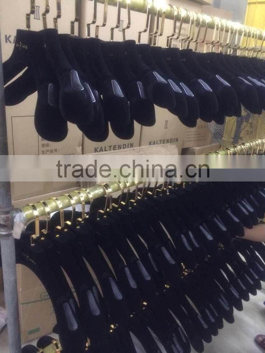 Black nonslip velvet flocked hanger with logo and gold hook for coat