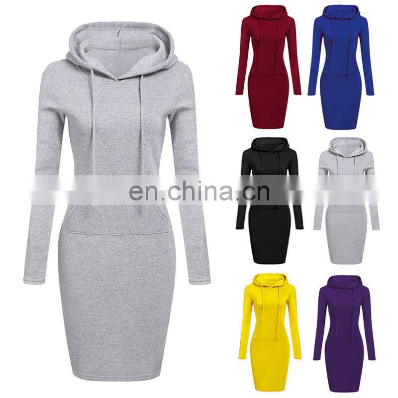 Wholesale custom fashion plain color pocket pullover casual drawstring pure color hoodie women long sleeve dress