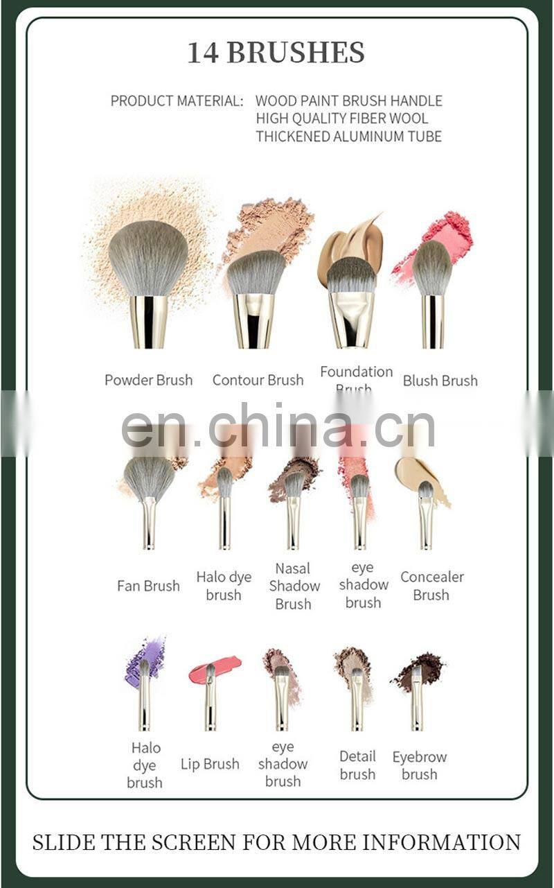 High Quality Green Makeup Brushes Custom Logo 14pcs  Make Up Brush Set Cosmetic kit