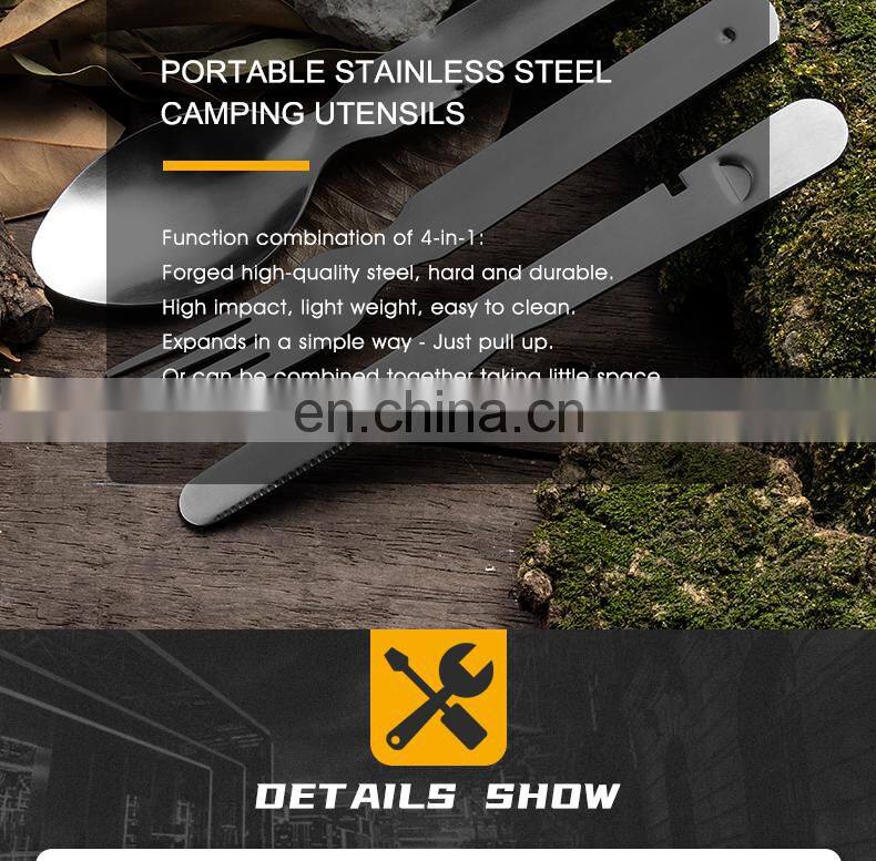 High Quality Outdoor Stainless Steel Camping Tableware 4 in 1 Portable Bottle Opener with Knife, Fork and Spoon