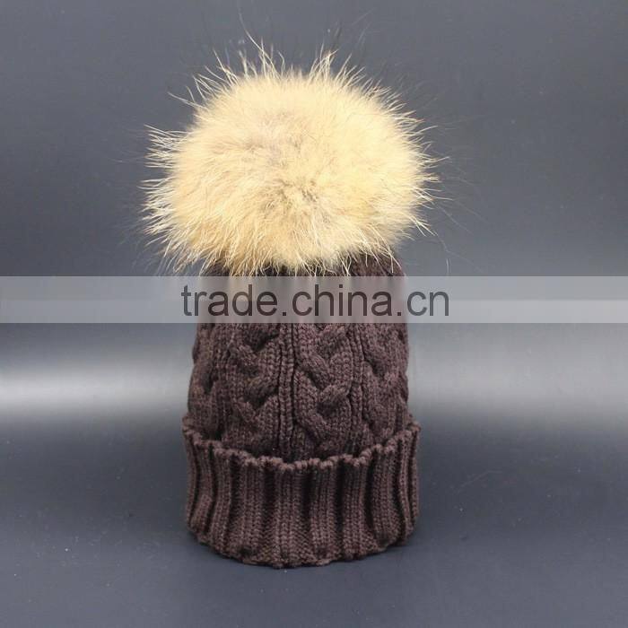 Hot Popular Real Raccon Fur Pompom Women Kintted Winter Wool Caps And Hats