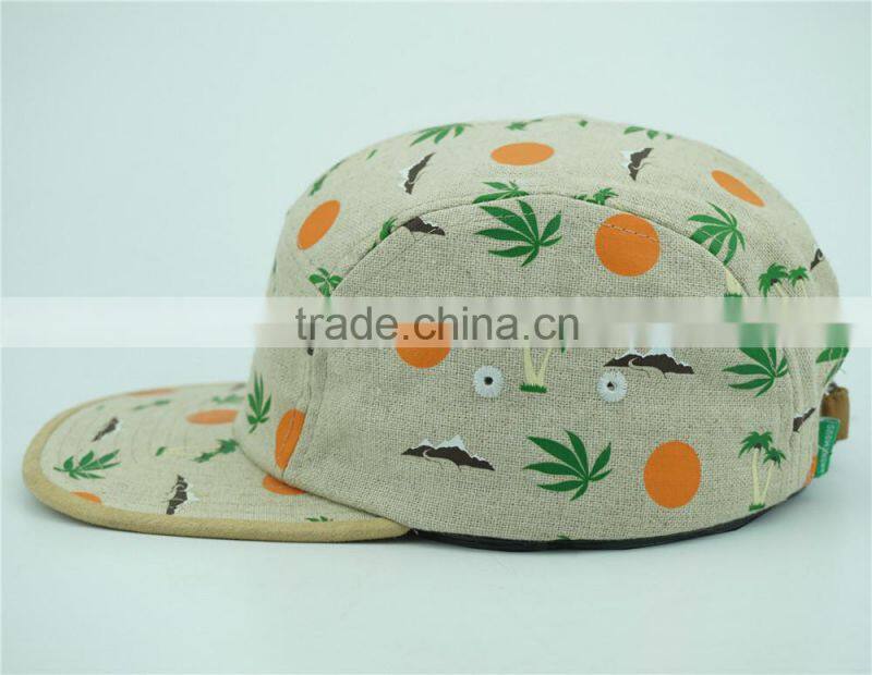 Hemp fabric custom design 5 panel cap with printing