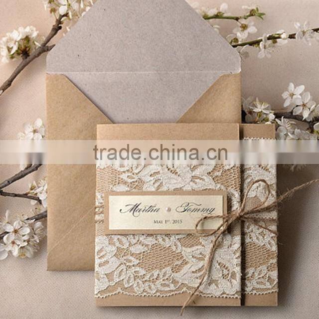 Hot sale rustic white wedding invitations with peach laces&white ribbons&label papers