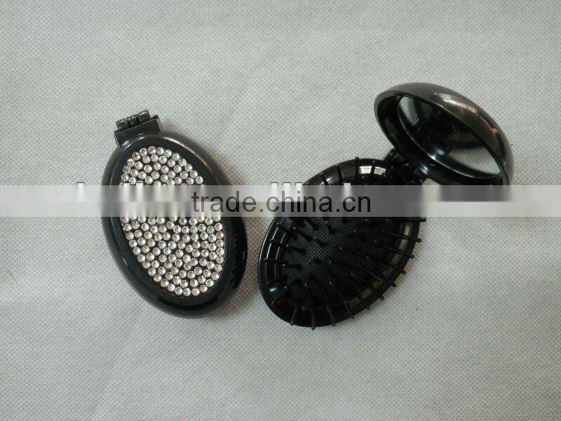 travel foldable pocket hair brush with cosmetic mirror set