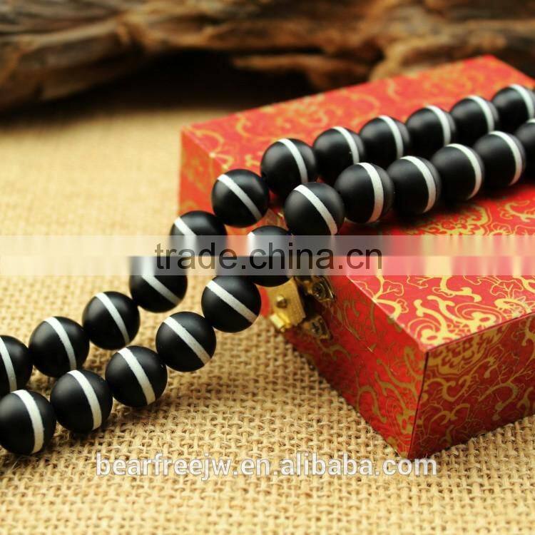 Hot sale Natural White Line Black Matte Onyx tibetan agate gemstone Round Loose beads