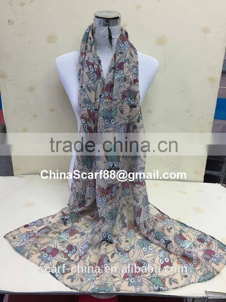 Cartoon owl print voile scarf