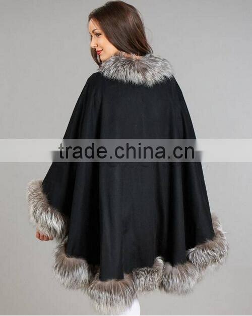 Original Design Long Pushmina Poncho With Silver Fox Fur Trim Ladies Fur Cashmere Shawl/Cape