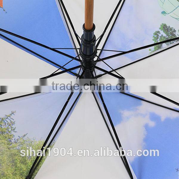 Sublimate printed straight rain umbrella with Wood hook handle