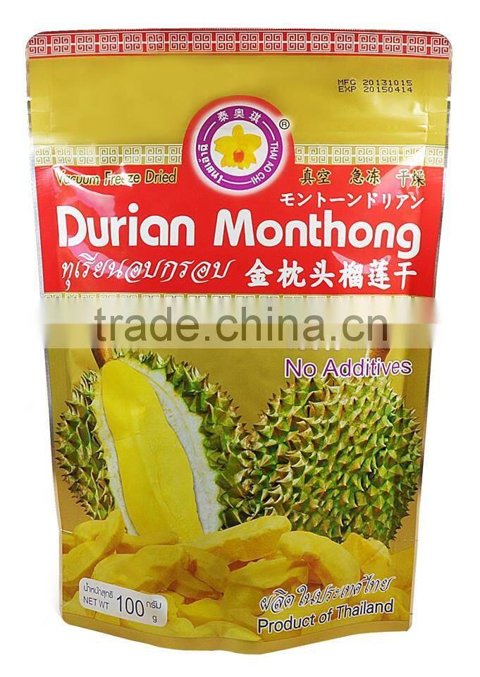 Vacuum Freeze Dried Durian Retail Pack HACCP , ISO 22000 , KOSHER , HALAL and GMP Certifie