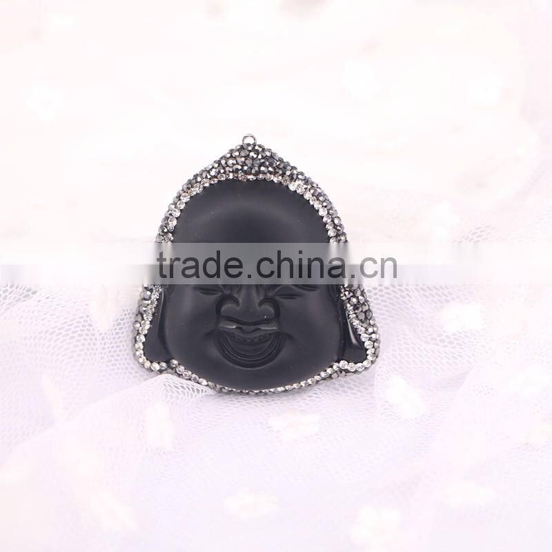 Black Obsidian Pendant, with Pave Crystal Edged Carving Obsidian Buddha Face Pendant, Gem stone Pendant For Jewelry Making