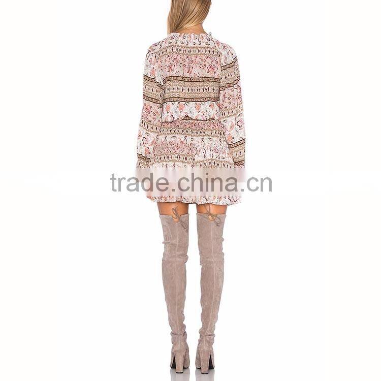 2016 wholesale african balloon long sleeve v neckline tassel woman print mini dress