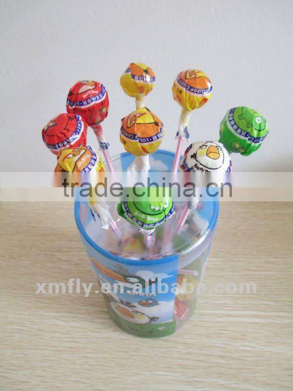 Fruit flavour round lollipop with chewing gum candy