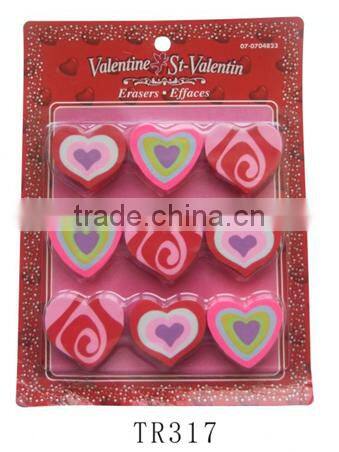 Hot selling different printing heart shape 9 pcs eraser set