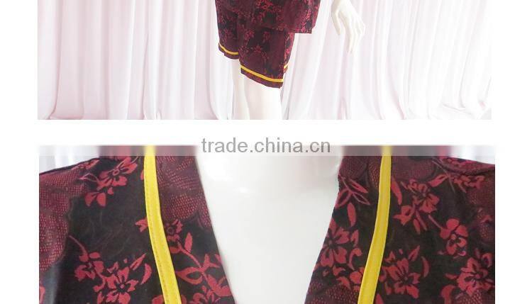 Wine Red Floral Jacquard Pyjamas V-Neck Pyjamas For Sauna Steam Clothes Set Women