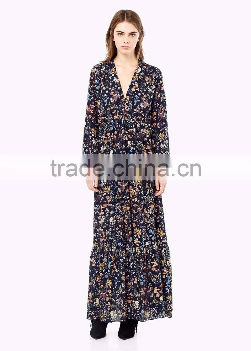 european style printed boutique long sleeve maxi dress elastic waist