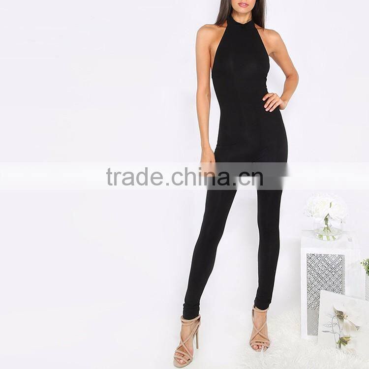 HAODUOYI Women Solid Black Halter Slim Backless Sleeveless Sexy Jumpsuits