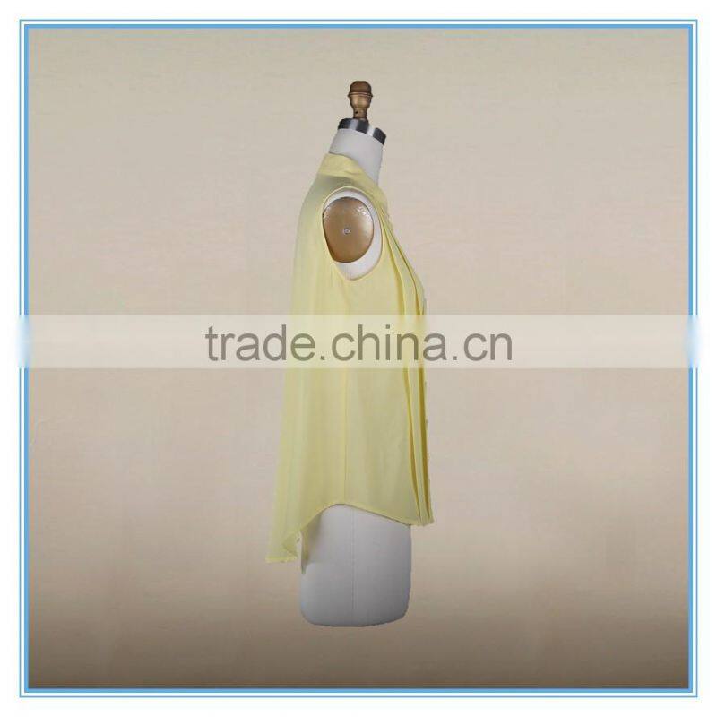Fashion Ladies Fancy Sleeveless Tops Chiffon Yellow Shirt Pleated Design