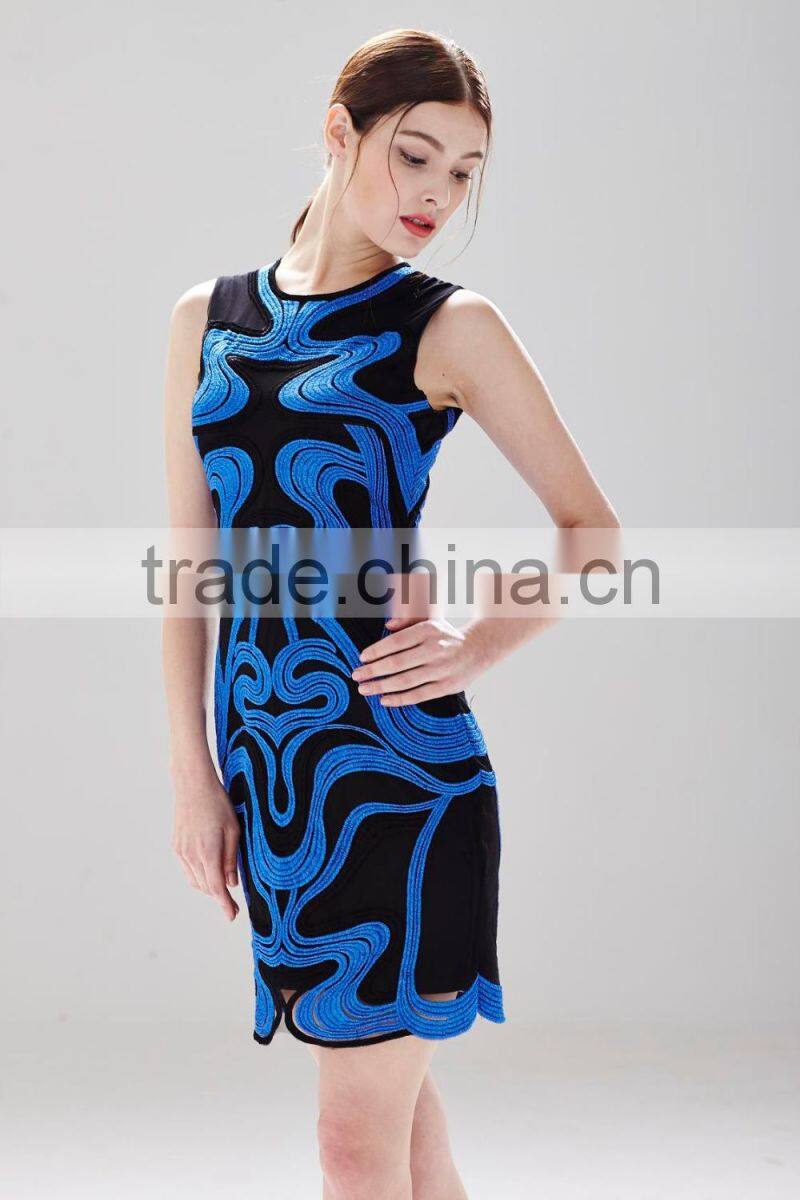 Sleeveless blue wave pattern slim cotton dress latest dress designs for ladies SR-D9785