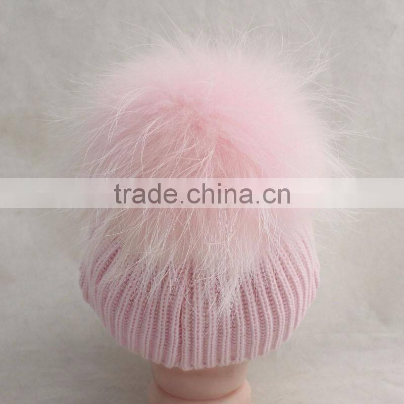 Myfur Baby Pink Raccoon Fur Pom Pom Knitting Hat with Raccoon Fur Bobble