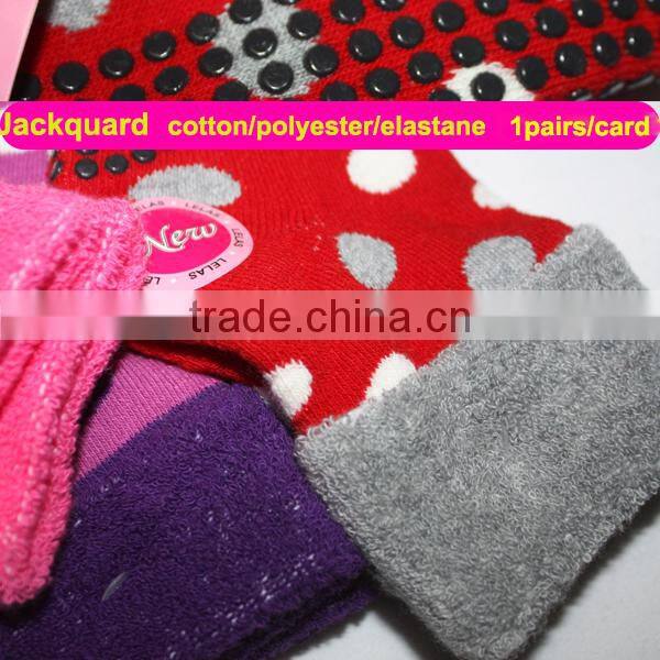 Lady socks cotton custom made terry turned screw-type socks with plastic dropping dot design socks