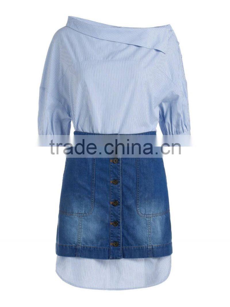Ladies 100% cotton stripe woven combined new jeans dress/dress sets