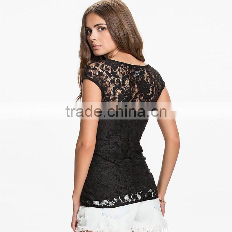 Women's V-neck navy,black,white sleeveless lace tunic t shirt