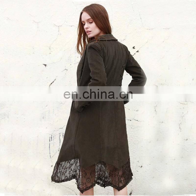 Fashion lapel design khaki lace spliced long women trench coat