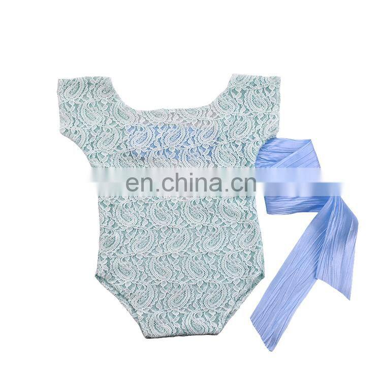 7 colors newborn baby photography prop lace baby romper with bow streamer