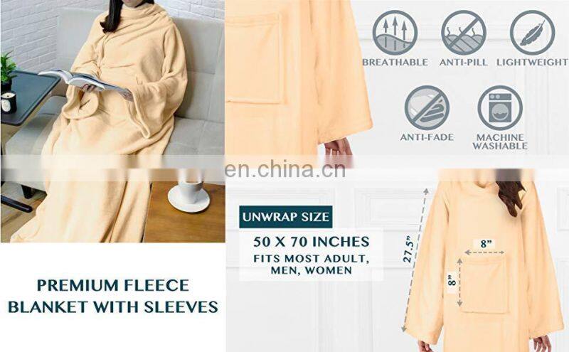 Super Soft Comfortable and Luxurious Cream Color Oversized Fleece Wearable Blanket with Sleeves for Adult
