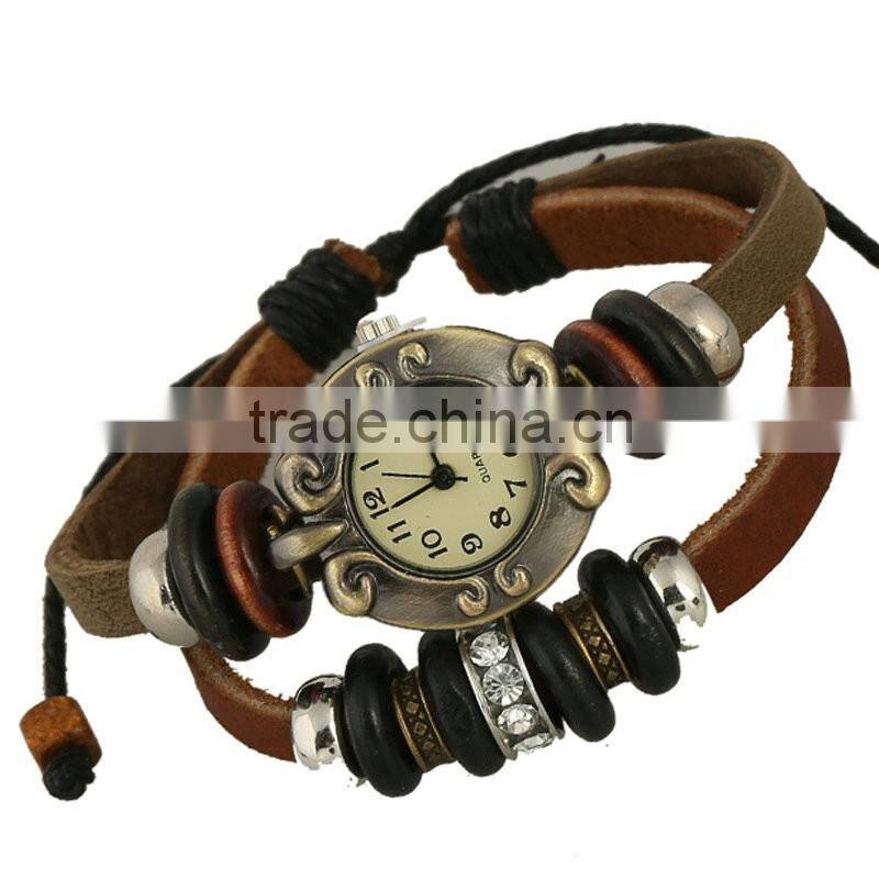 2016 fashion design leather cord bracelet watch multilayer leather wrap chain watch bracelet key charms