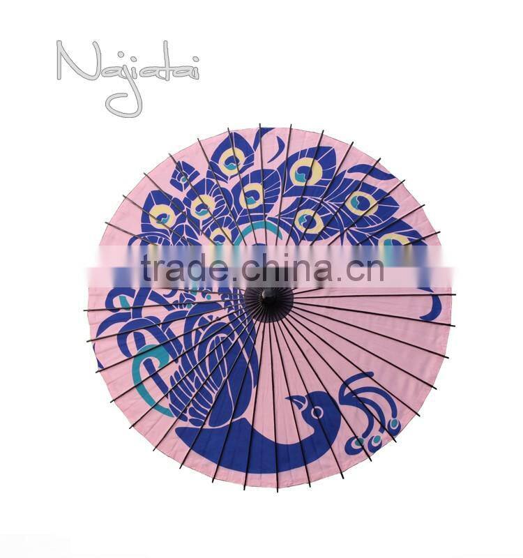 Peacock Pink Background Hand Painted Handmade Japanese Paper Umbrella