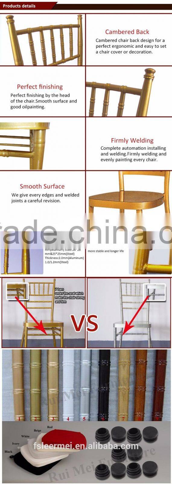 Wholesale stackable golden banquet aluminum metal wedding chiavari chair with cushion