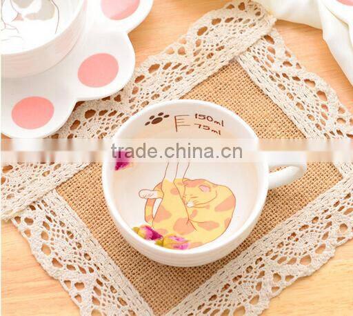 creative lovely pussy cat ceramic coffee mug set with tea tray, promotional pocelain kitty series of 2-piece suit