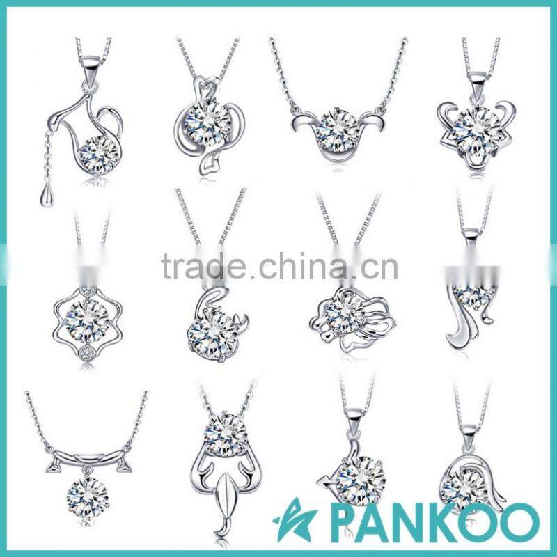 Hot sale fashion 12 zodiac signs pendant,925 sterling silver cz pendant necklace for women