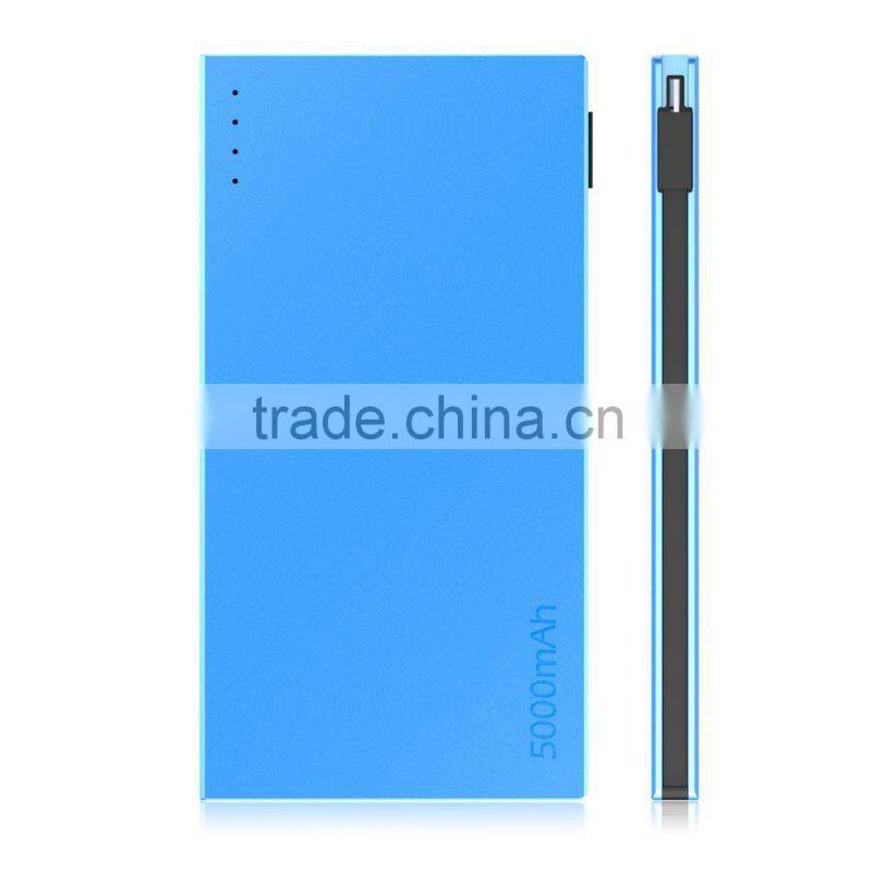 2017 New products Shenzhen Power bank 5000mAh Built in USB Cables mobile charger with 4 LED Indicatiors