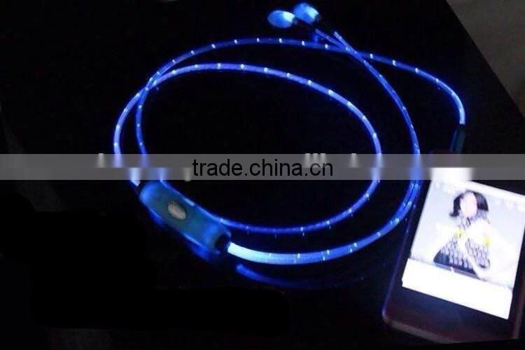 flat cable earphone with mic shiny earphone with led line