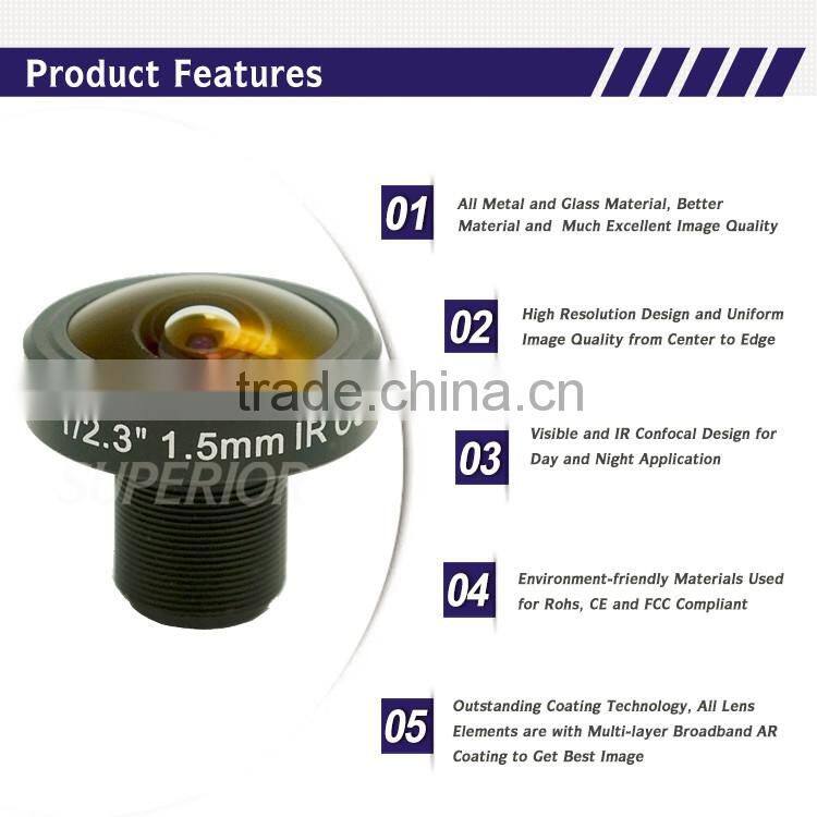 2015 hot high quality Mega Pixels f2.8 180 degree 1/2.3 cctv fisheye m12 lens lens ir cut filter 1.5mm