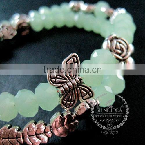vintage antiqued silver rose flower leaf butterfly bird ice green beads 2 layers fashion wiring bangle bracelet jewelry 6490055